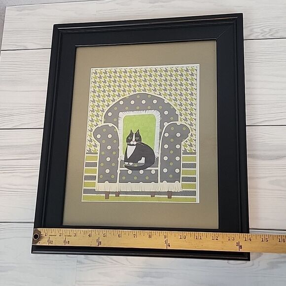 Handmade paper art collage of cat on couch Framed 17" X 14" - Picture 7 of 7